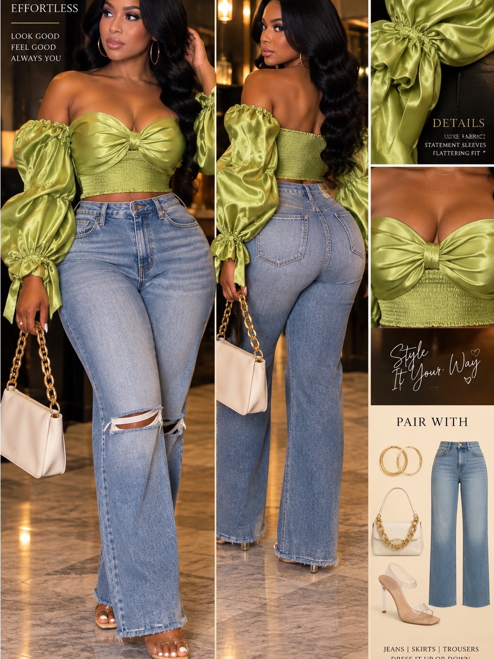 Aura Olive Green Satin Puff-Sleeve Crop Top